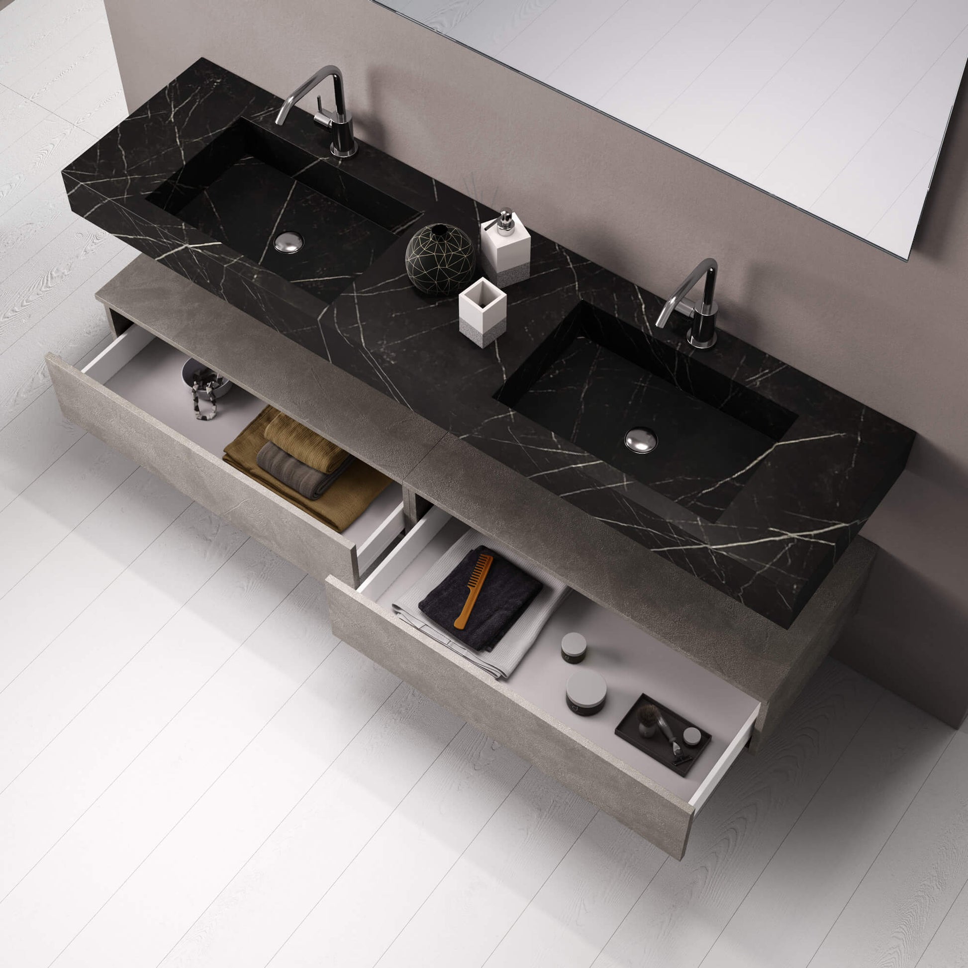 Mobile Bagno Sospeso 180cm Con Vasca Integrata Cassetto E Specchio - Top Nero Grafite + Base Avana Effetto Pietra