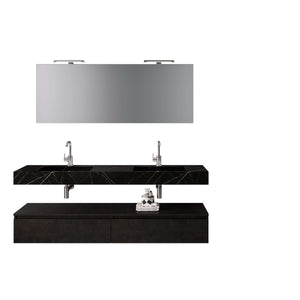 Mobile Bagno Sospeso 180cm Con Vasca Integrata Cassetto E Specchio - Top Nero Grafite + Base Pietra Lavica Con Riflesso Bronzo