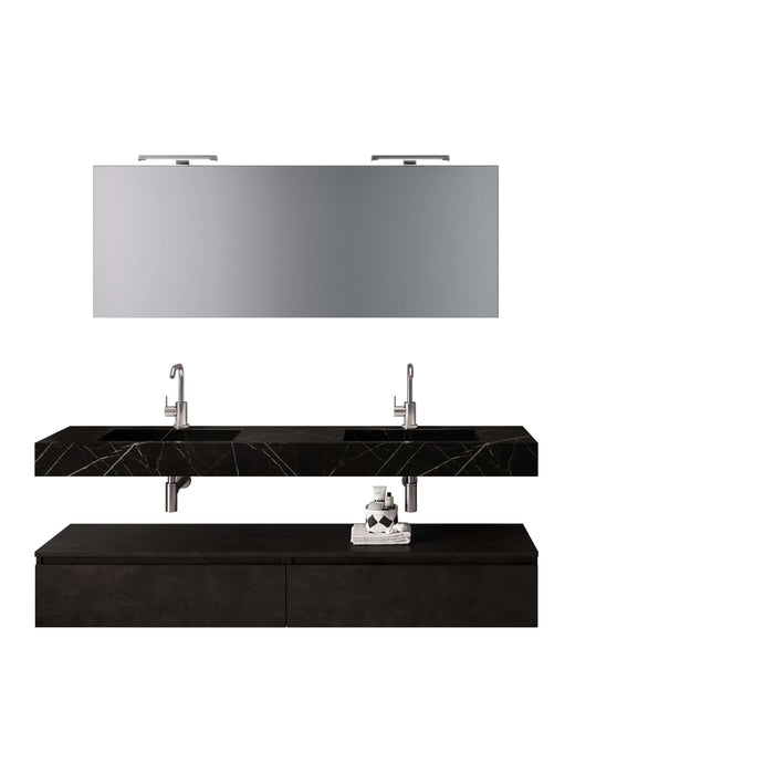 Mobile Bagno Sospeso 180cm Con Vasca Integrata Cassetto E Specchio - Top Nero Grafite + Base Pietra Lavica Con Riflesso Bronzo