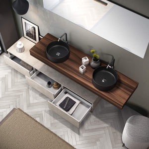 Composizione Bagno 180cm Con Doppio Lavabo Nero, Cassetti E Specchio - Top color noce + base avana effetto pietra