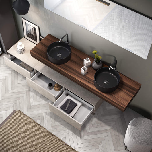 Composizione Bagno 180cm Con Doppio Lavabo Nero, Cassetti E Specchio - Top color noce + base avana effetto pietra