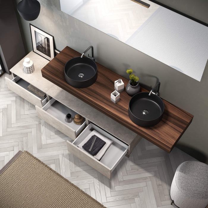 Composizione Bagno 180cm Con Doppio Lavabo Nero, Cassetti E Specchio - Top color noce + base avana effetto pietra