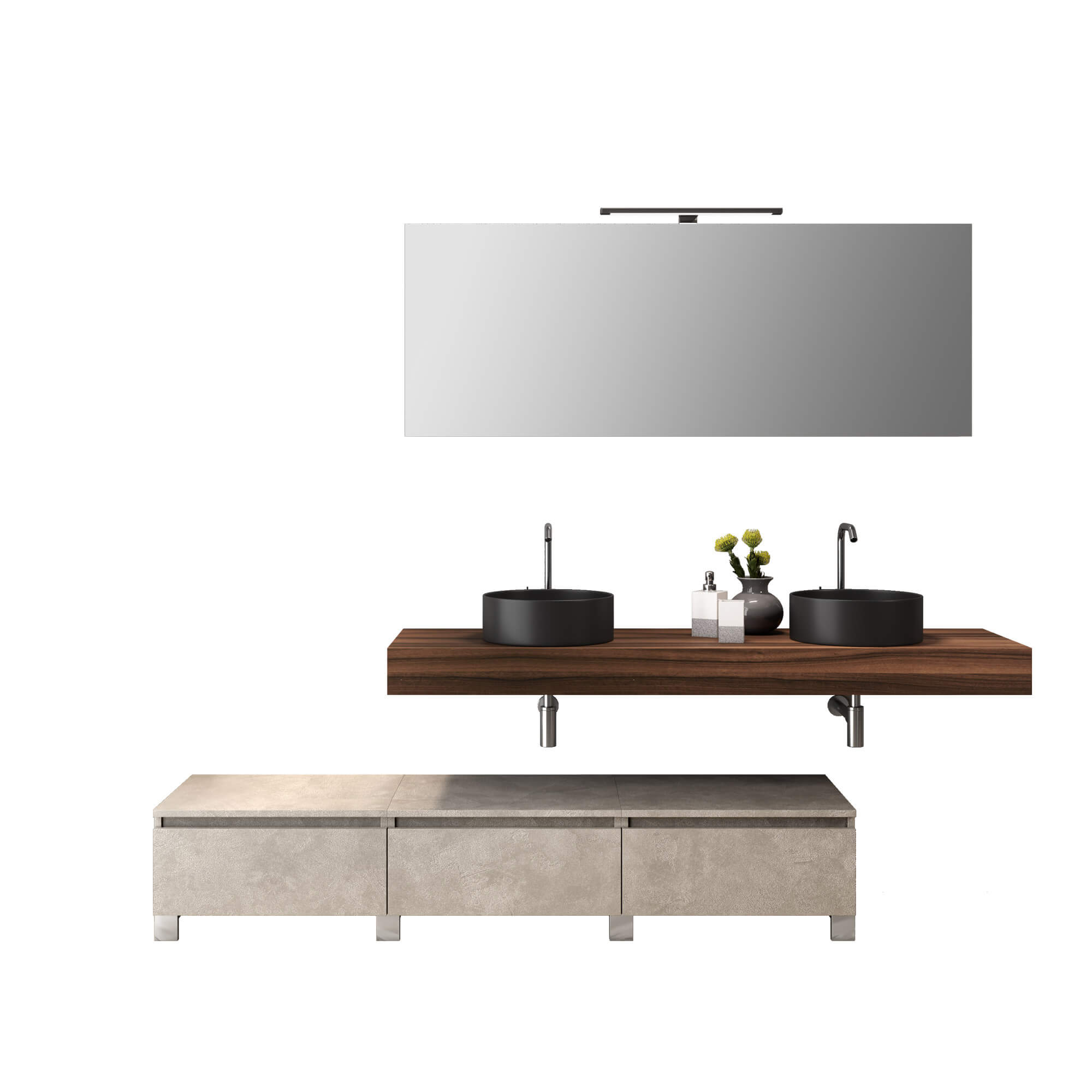 Composizione Bagno 180cm Con Doppio Lavabo Nero, Cassetti E Specchio - Top color noce + base avana effetto pietra