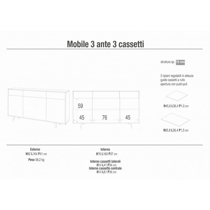 Mobile 3 Ante 3 Cassetti 164L x 41P x h92 – Finitura Nero Opaco e Bianco Opaco – Sarmog