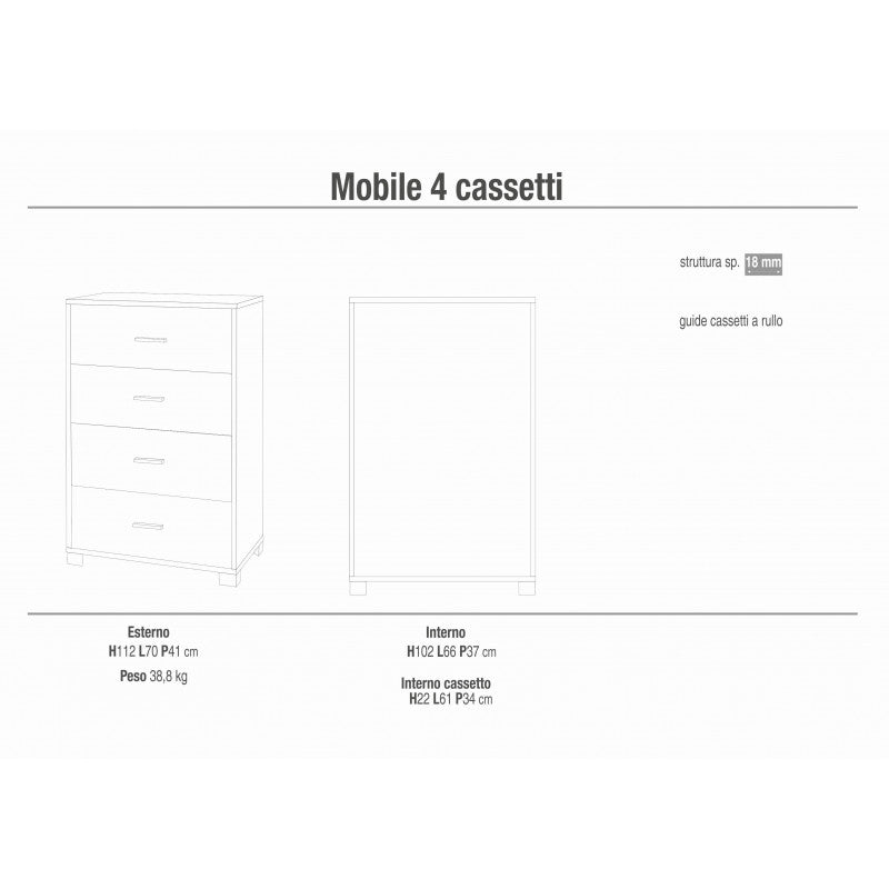 Mobile 4 Cassetti 70L x 41P x h112 – Finitura Olmo Chiaro e Bianco Fiammato – Sarmog
