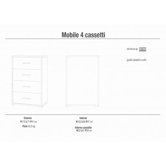 Mobile 4 Cassetti 71L x 41P x h110 – Finitura Legno Noce – Sarmog