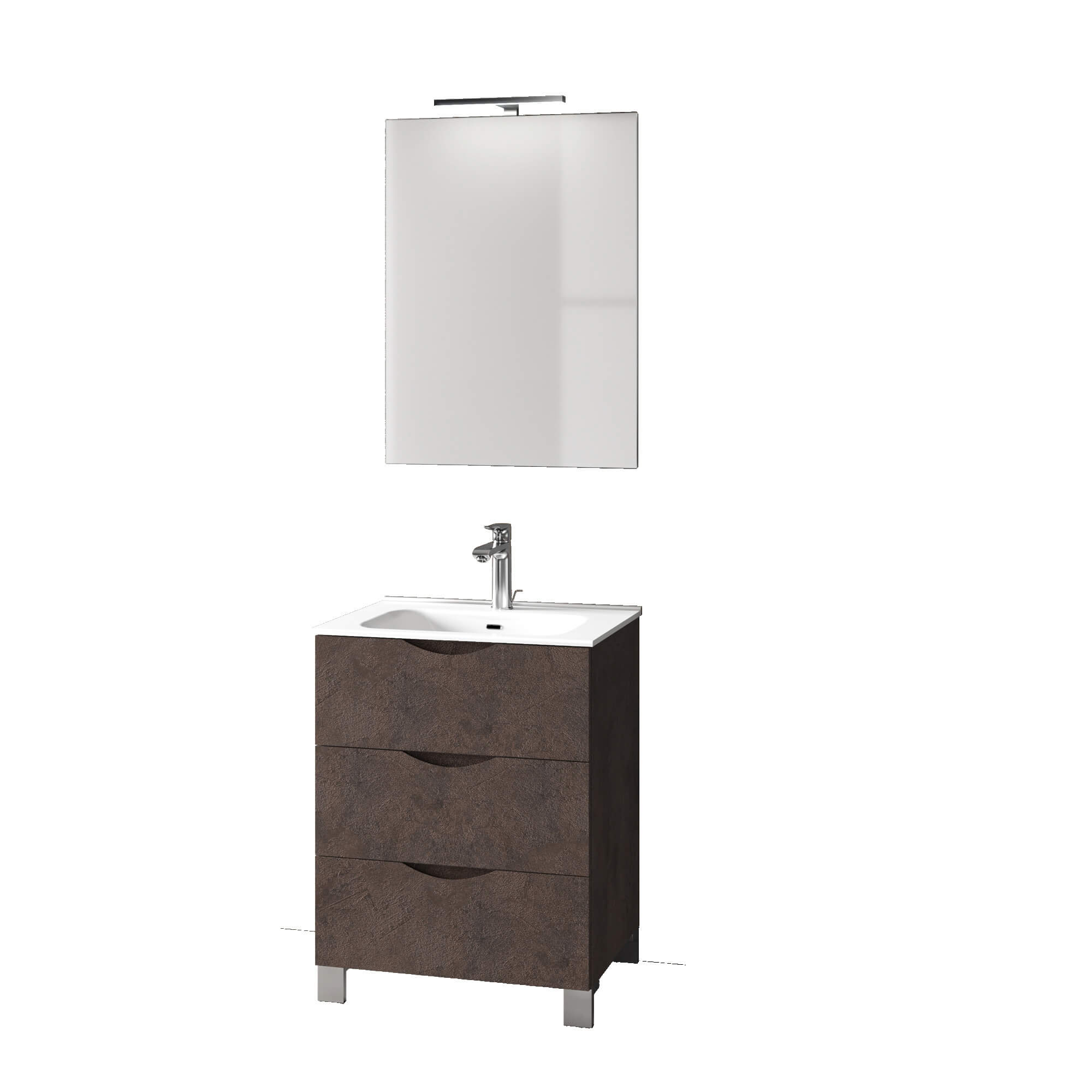 Mobile Bagno 60cm a Terra Effetto Pietra Con Tre Cassetti Specchio e Lampada - Marrone Effetto Pietra