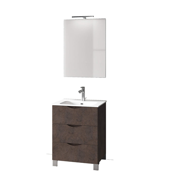 Mobile Bagno 60cm a Terra Effetto Pietra Con Tre Cassetti Specchio e Lampada - Marrone Effetto Pietra
