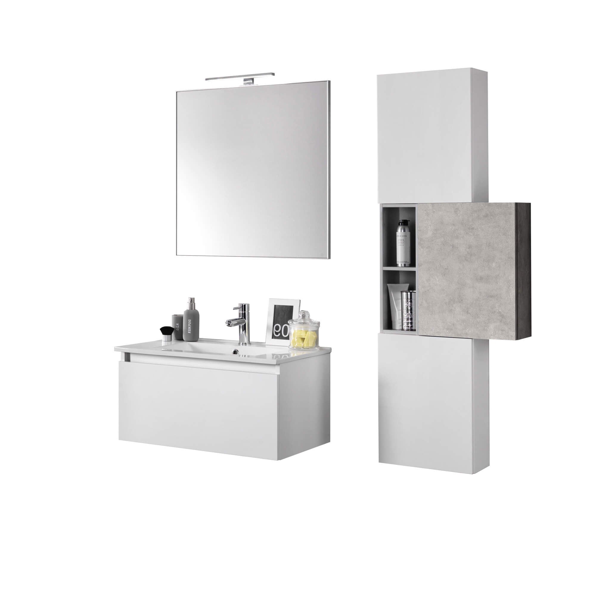 Mobile Bagno 70cm Sospeso Cassetto, Colonna Pensile, Vano a Giorno, Specchio E Lampada - Laccato Bianco Opaco + Cemento