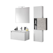 Mobile Bagno 70cm Sospeso Cassetto, Colonna Pensile, Vano a Giorno, Specchio E Lampada - Laccato Bianco Opaco + Cemento