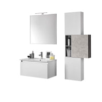 Mobile Bagno 70cm Sospeso Cassetto, Colonna Pensile, Vano a Giorno, Specchio E Lampada - Laccato Bianco Opaco + Cemento