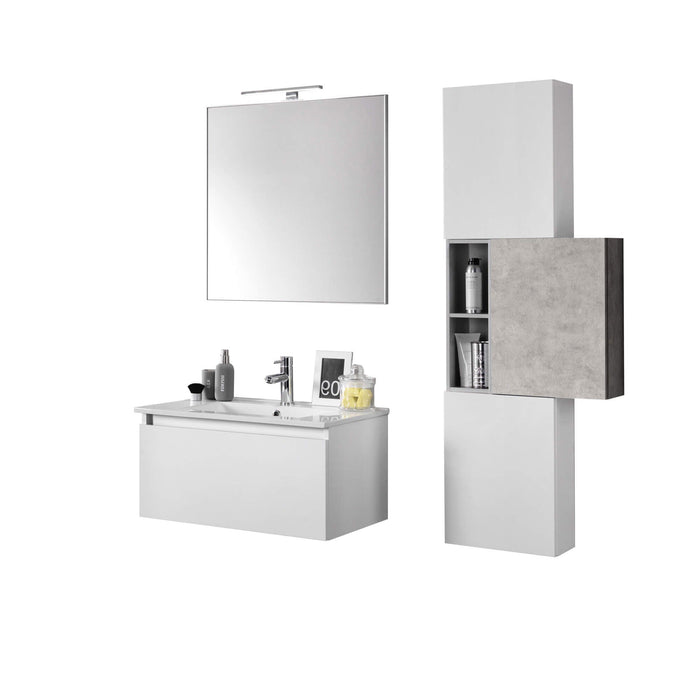 Mobile Bagno 70cm Sospeso Cassetto, Colonna Pensile, Vano a Giorno, Specchio E Lampada - Laccato Bianco Opaco + Cemento
