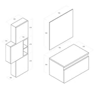 Mobile Bagno 70cm Sospeso Cassetto, Colonna Pensile, Vano a Giorno, Specchio E Lampada - Laccato Bianco Opaco + Tabacco Scuro