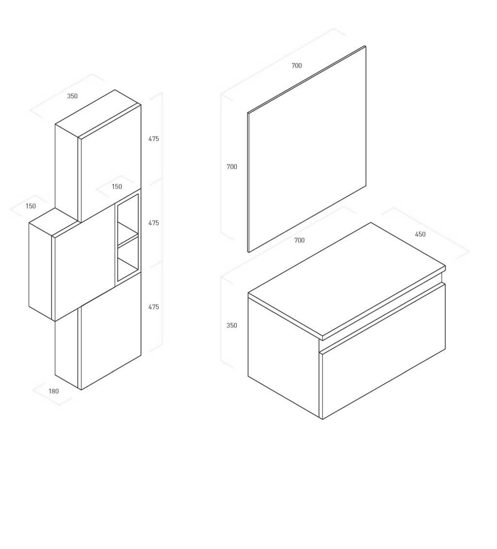 Mobile Bagno 70cm Sospeso Cassetto, Colonna Pensile, Vano a Giorno, Specchio E Lampada - Laccato Bianco Opaco + Ossido