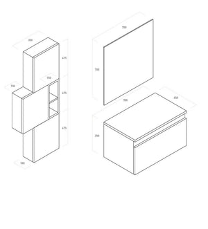 Mobile Bagno 70cm Sospeso Cassetto, Colonna Pensile, Vano a Giorno, Specchio E Lampada - Laccato Bianco Opaco + Ossido