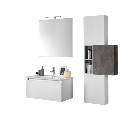 Mobile Bagno 70cm Sospeso Cassetto, Colonna Pensile, Vano a Giorno, Specchio E Lampada - Laccato Bianco Opaco + Tabacco Chiaro