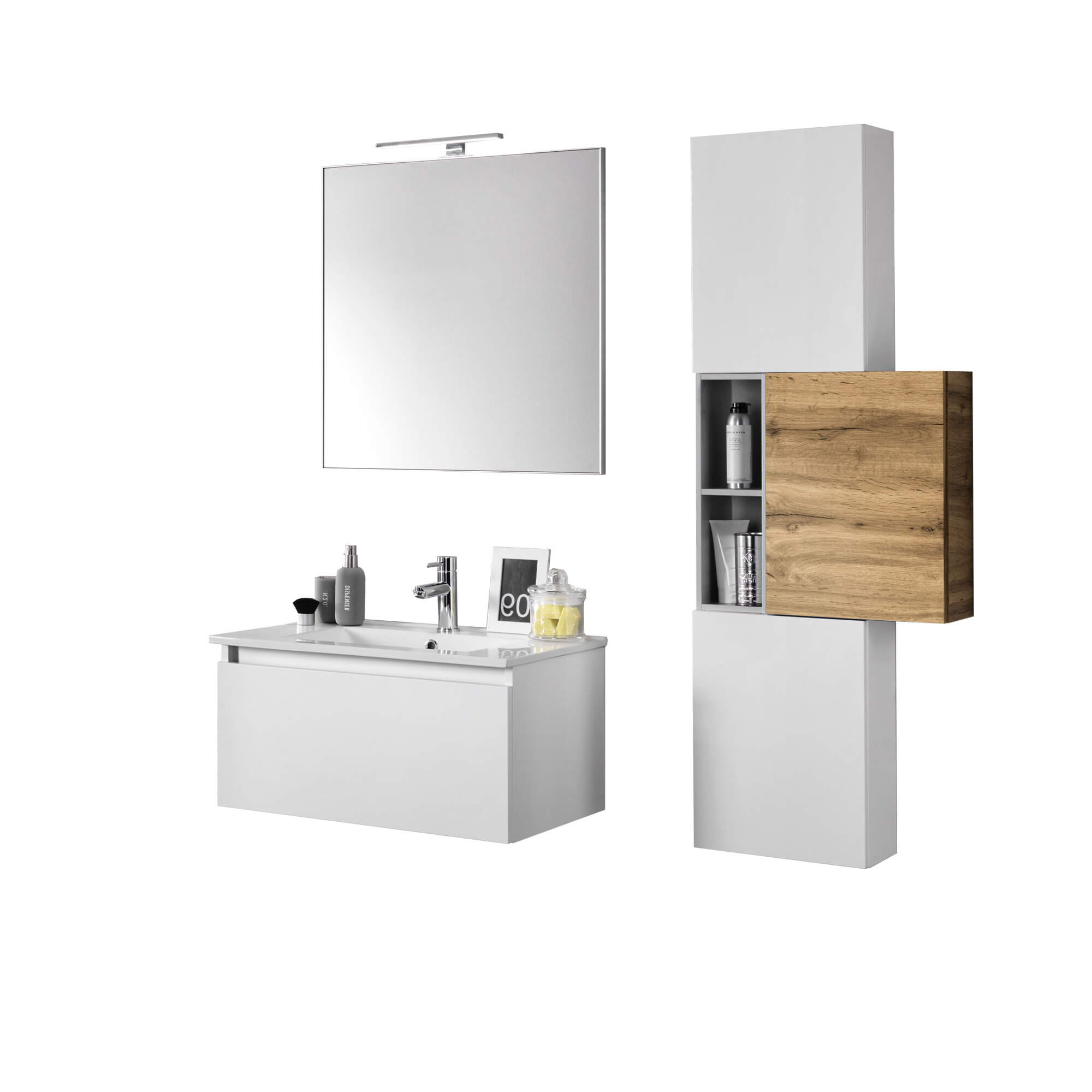 Mobile Bagno 70cm Sospeso Cassetto, Colonna Pensile, Vano a Giorno, Specchio E Lampada - Laccato Bianco Opaco + Rovere Miele