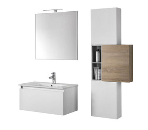 Mobile Bagno 70cm Sospeso Cassetto, Colonna Pensile, Vano a Giorno, Specchio E Lampada - Laccato Bianco Opaco + Ossido