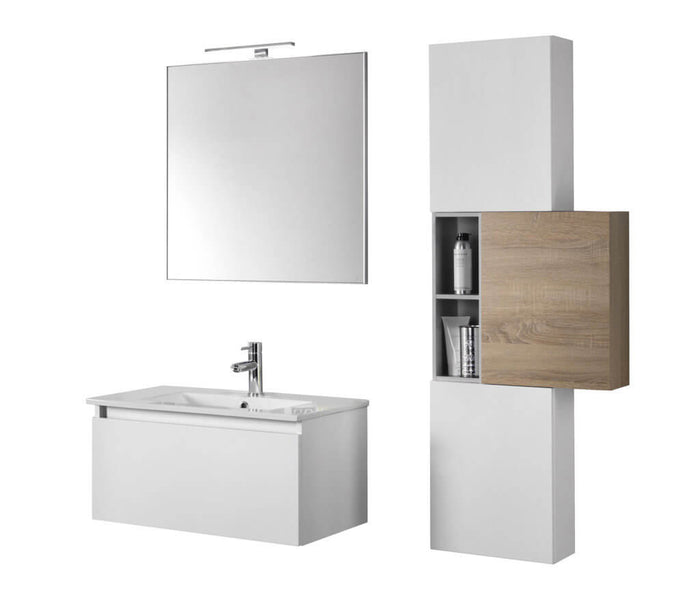 Mobile Bagno 70cm Sospeso Cassetto, Colonna Pensile, Vano a Giorno, Specchio E Lampada - Laccato Bianco Opaco + Ossido