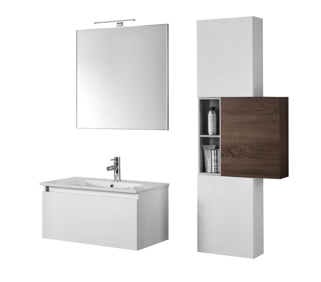 Mobile Bagno 70cm Sospeso Cassetto, Colonna Pensile, Vano a Giorno, Specchio E Lampada - Laccato Bianco Opaco + Tabacco Scuro