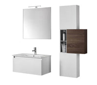 Mobile Bagno 70cm Sospeso Cassetto, Colonna Pensile, Vano a Giorno, Specchio E Lampada - Laccato Bianco Opaco + Tabacco Scuro