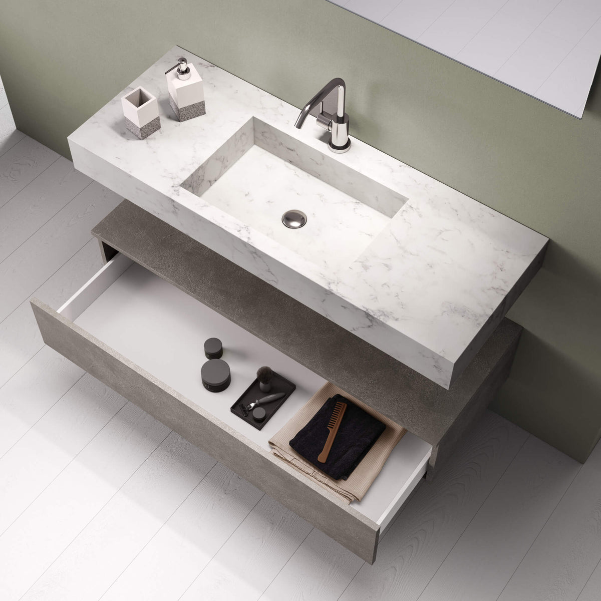 Composizione Bagno 90cm Con Vasca Integrata Cassetto E Specchio - Top Effetto Marmo Carrara + Base Rovere Miele