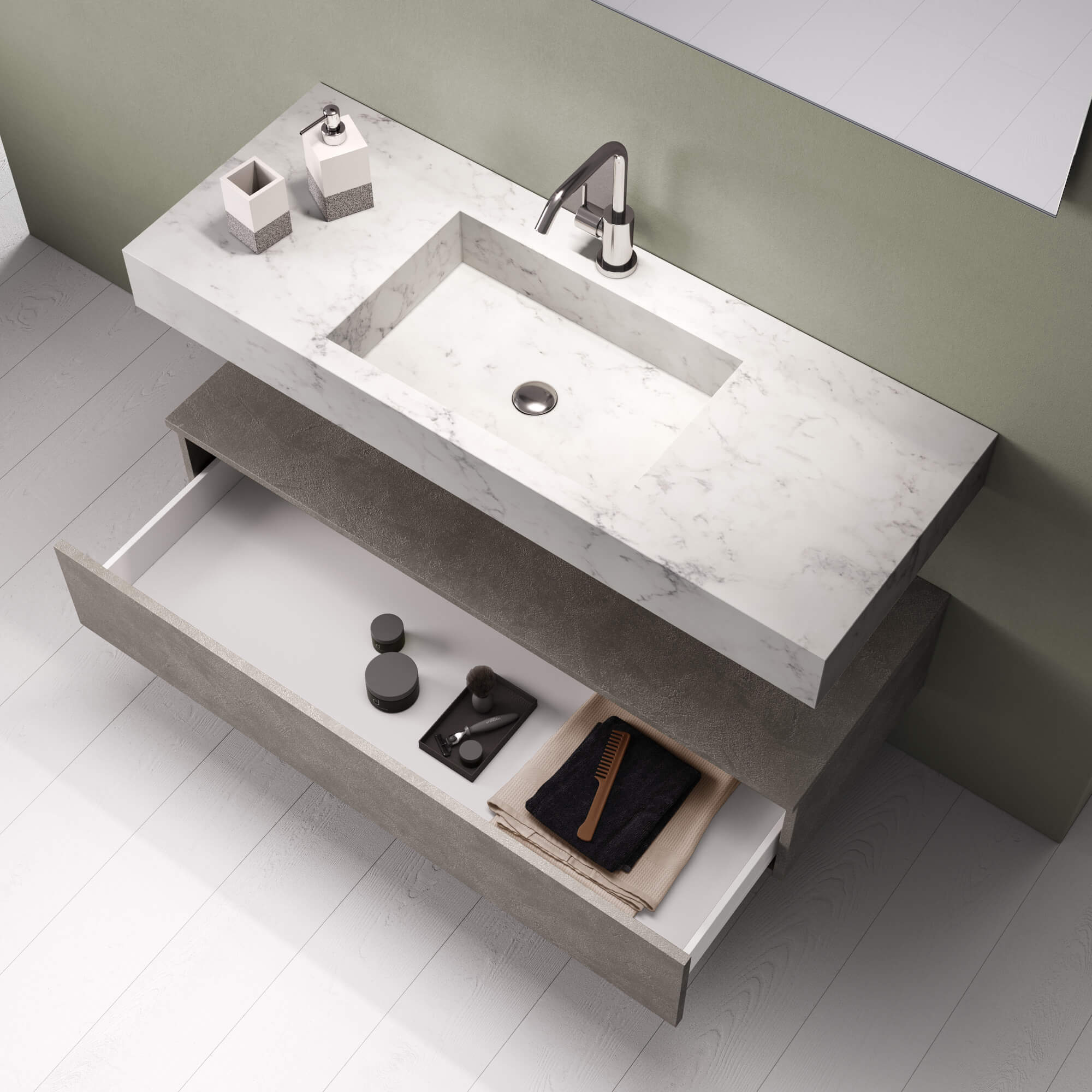 Composizione Bagno 90cm Con Vasca Integrata Cassetto E Specchio - Top Effetto Marmo Carrara + Base Avana Effetto Pietra