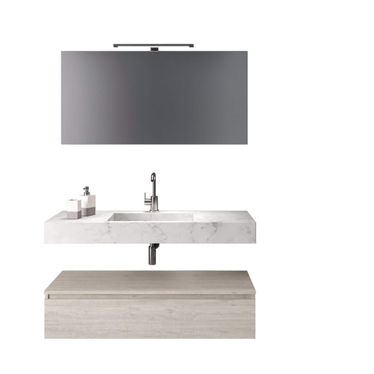Composizione Bagno 90cm Con Vasca Integrata Cassetto E Specchio - Top Effetto Marmo Carrara + Base Sherwood Naturale