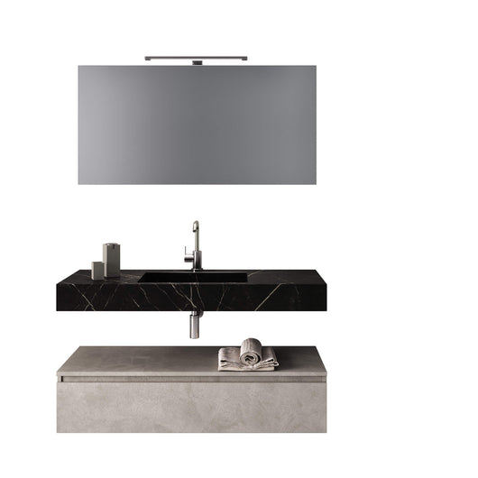 Composizione Bagno 90cm Con Vasca Integrata Cassetto E Specchio - Top Nero Grafite + Base Avana Effetto Pietra