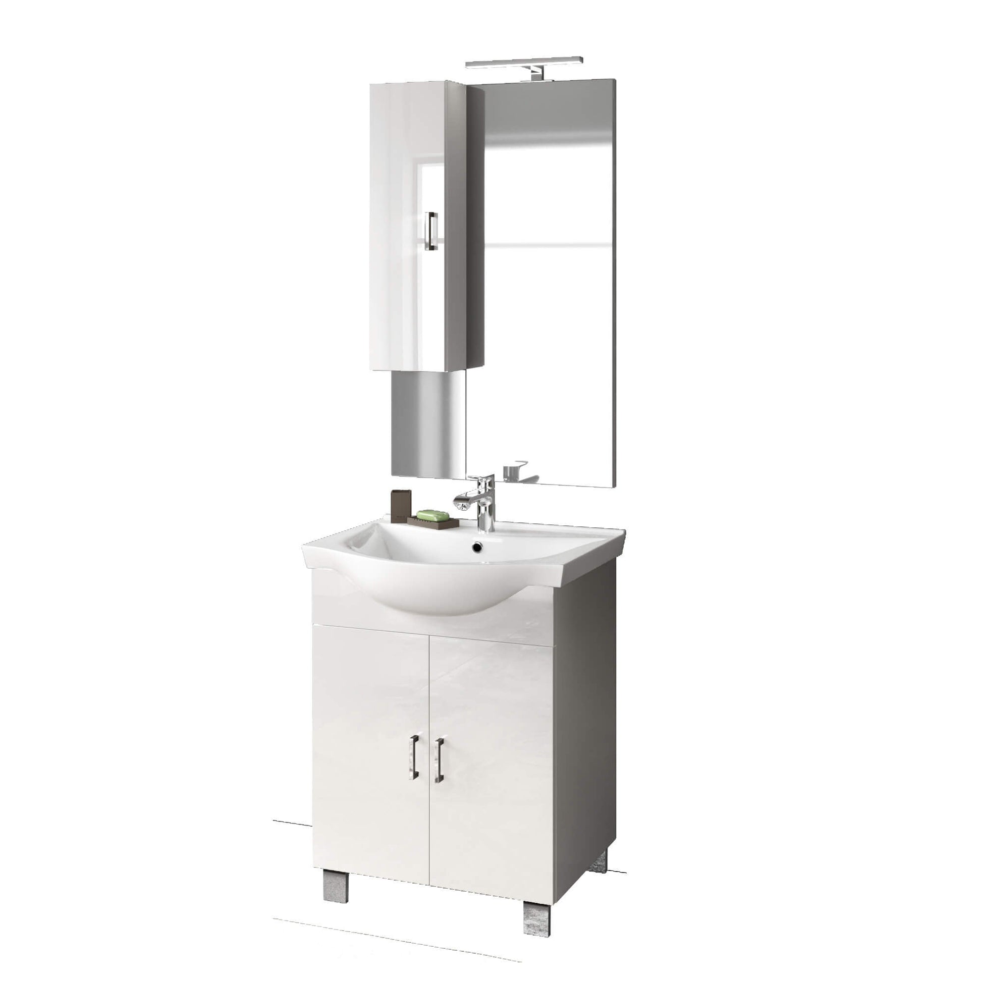 Mobile Bagno 60cm a Terra Con Due Ante, Specchio con Pensile e Lampada - Bianco Laccato Lucido