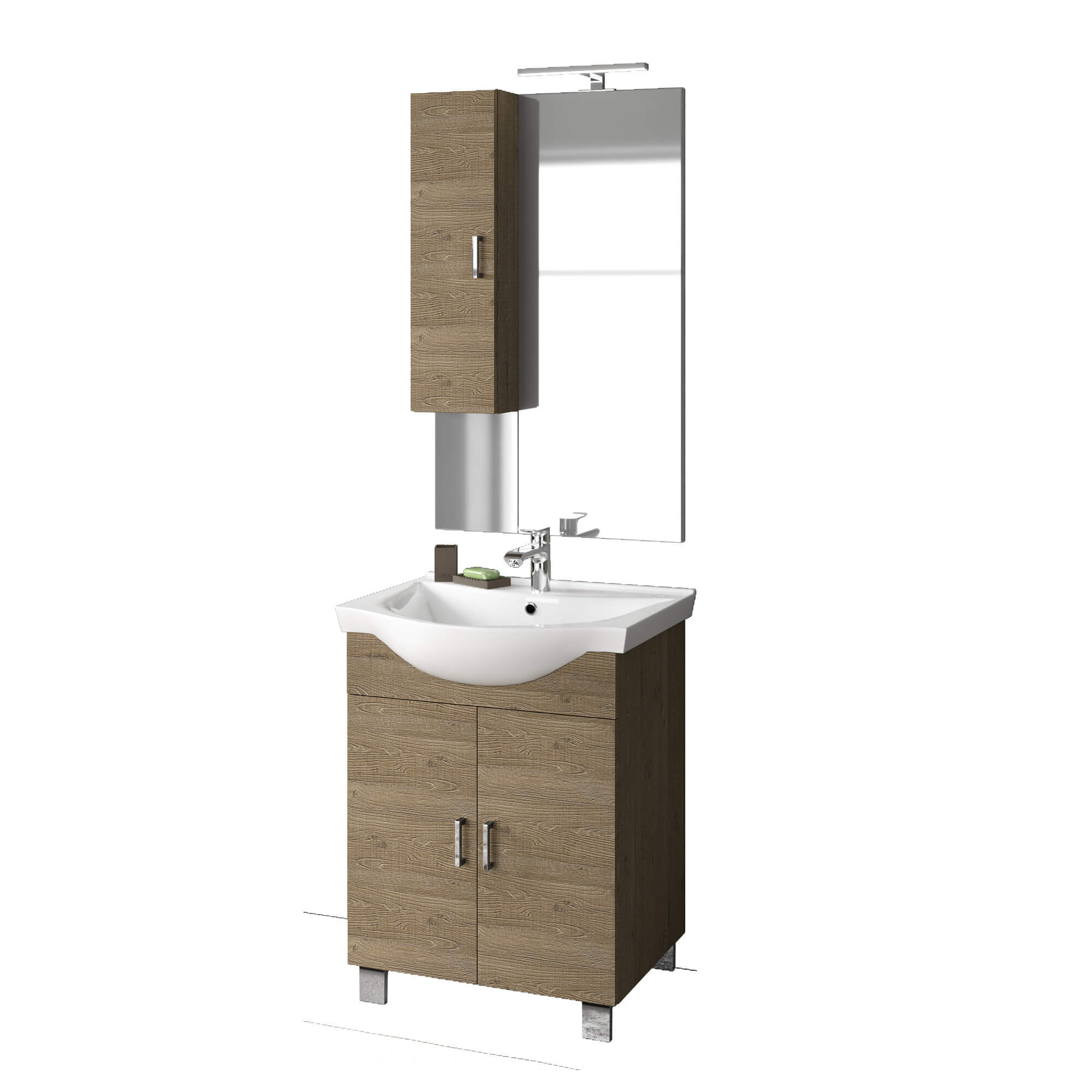 Mobile Bagno 60cm a Terra Con Due Ante, Specchio con Pensile e Lampada - Rovere Miele