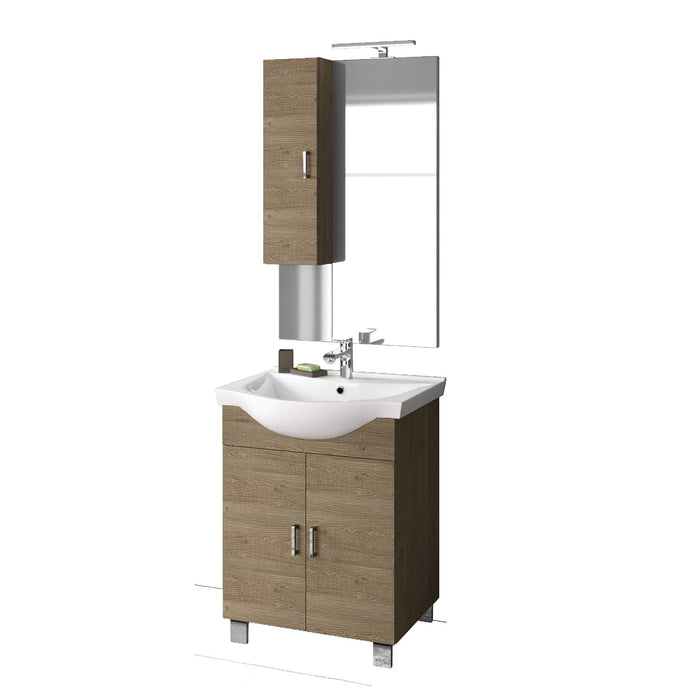 Mobile Bagno 60cm a Terra Con Due Ante, Specchio con Pensile e Lampada - Rovere Miele