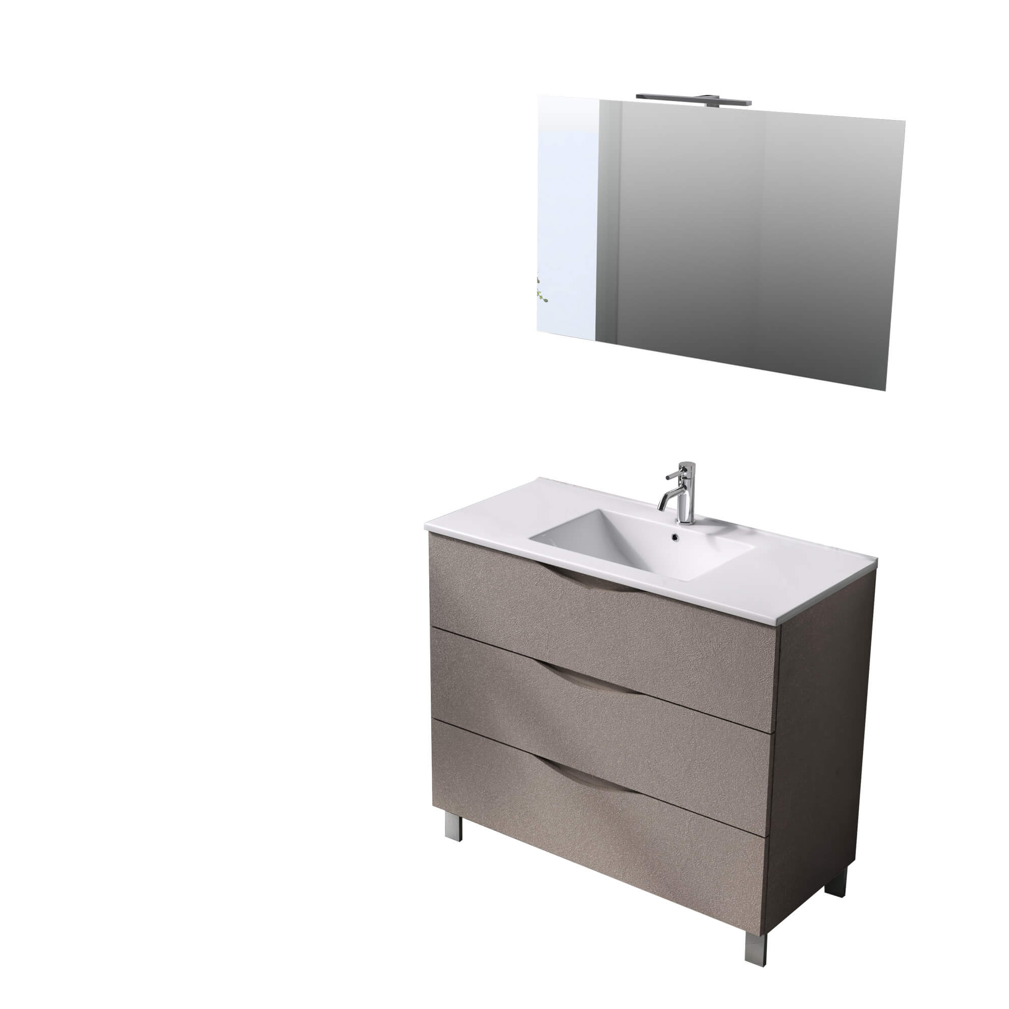 Mobile Bagno 80cm a Terra Effetto Pietra Con Tre Cassetti Specchio e Lampada - Avana Effetto Pietra