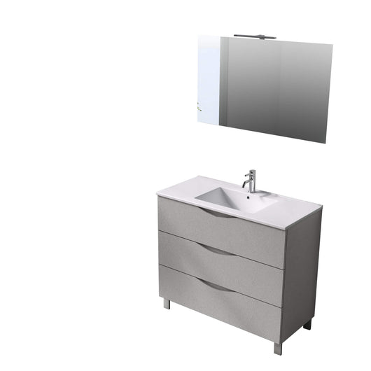 Mobile Bagno 80cm a Terra Effetto Pietra Con Tre Cassetti Specchio e Lampada - Bianco Effetto Pietra