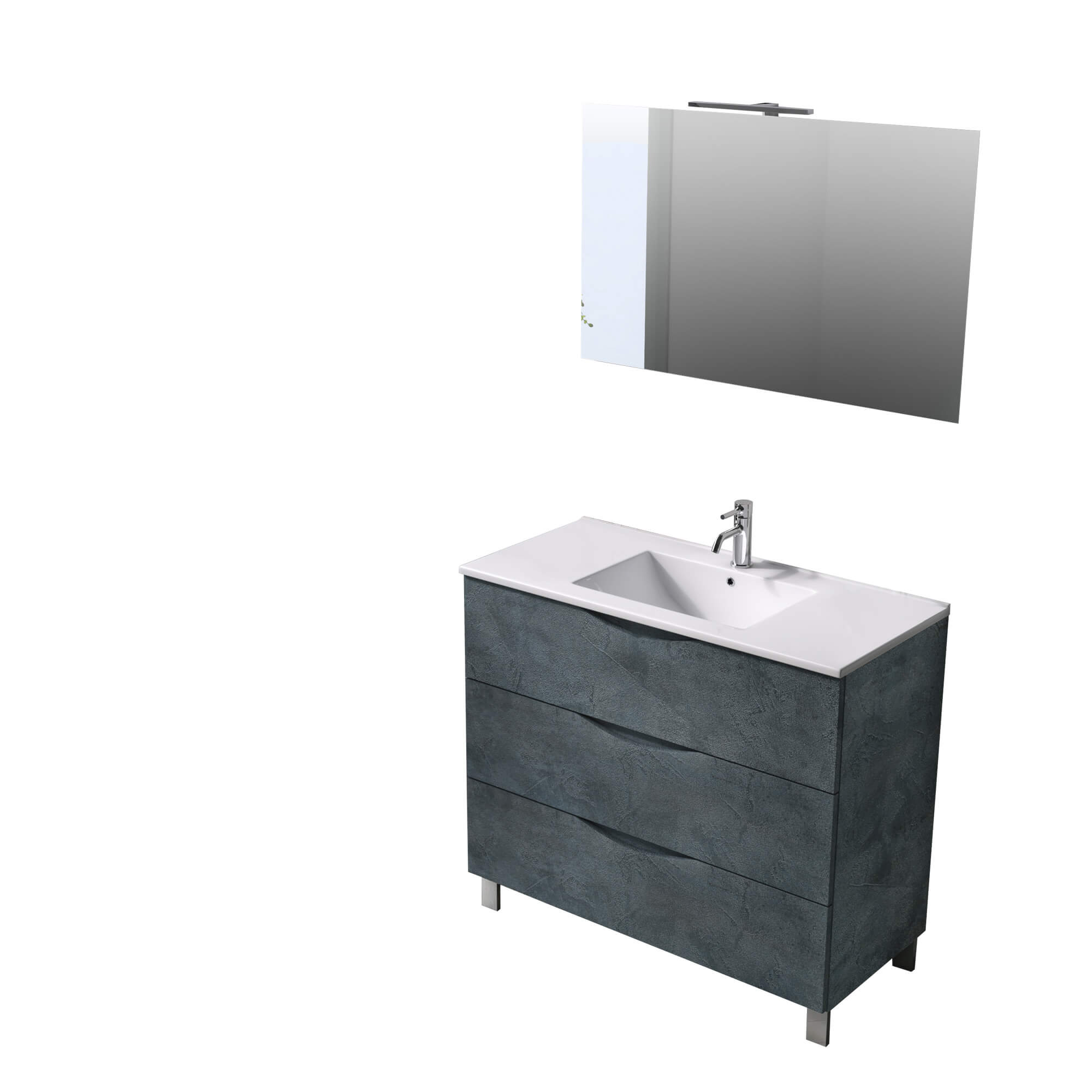 Mobile Bagno 80cm a Terra Effetto Pietra Con Tre Cassetti Specchio e Lampada - Blu Effetto Pietra