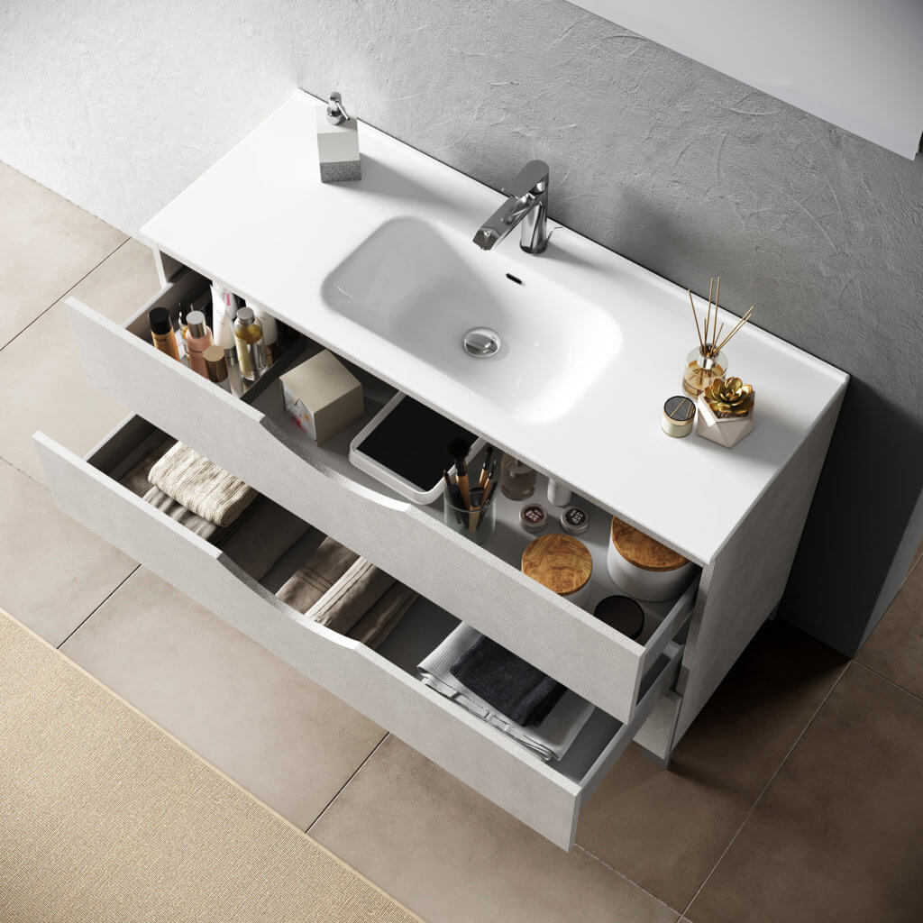 Mobile Bagno 80cm a Terra Effetto Pietra Con Tre Cassetti Specchio e Lampada - Bianco Effetto Pietra