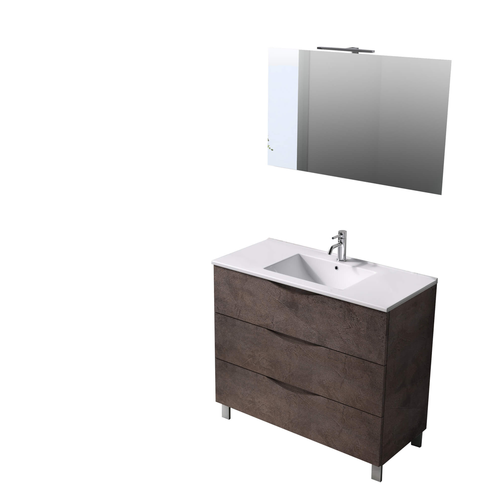 Mobile Bagno 80cm a Terra Effetto Pietra Con Tre Cassetti Specchio e Lampada - Marrone Effetto Pietra