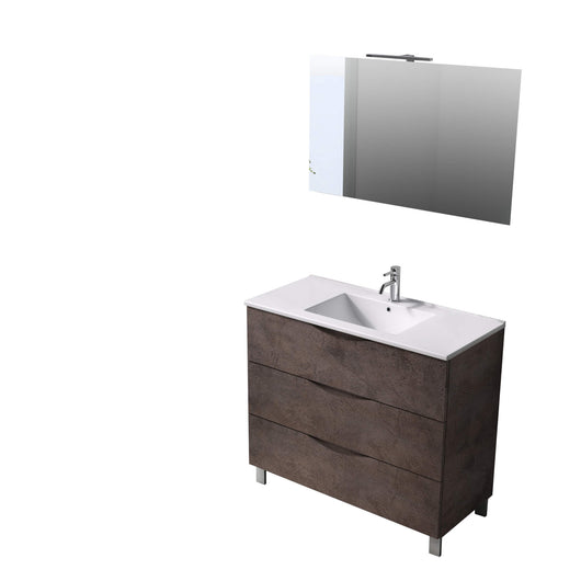 Mobile Bagno 80cm a Terra Effetto Pietra Con Tre Cassetti Specchio e Lampada - Marrone Effetto Pietra