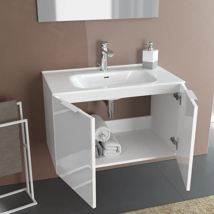 Mobile Bagno 100cm Sospeso Con 2 Ante e Specchio con Lampada - Bianco Laccato Lucido