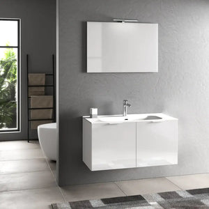 Mobile Bagno 100cm Sospeso Con 2 Ante e Specchio con Lampada - Bianco Laccato Lucido