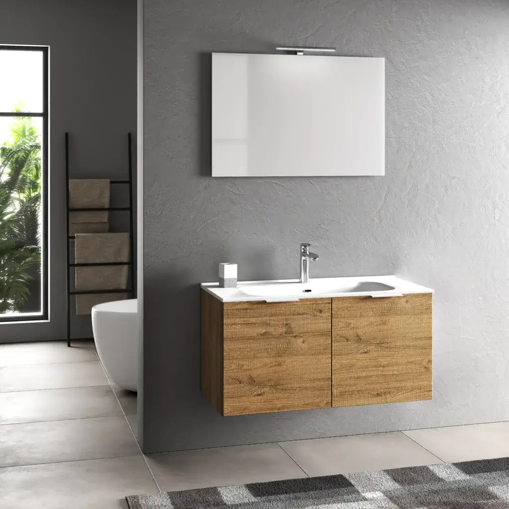 Mobile Bagno 100cm Sospeso Con 2 Ante e Specchio con Lampada - Rovere Miele