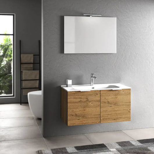 Mobile Bagno 100cm Sospeso Con 2 Ante e Specchio con Lampada - Rovere Miele