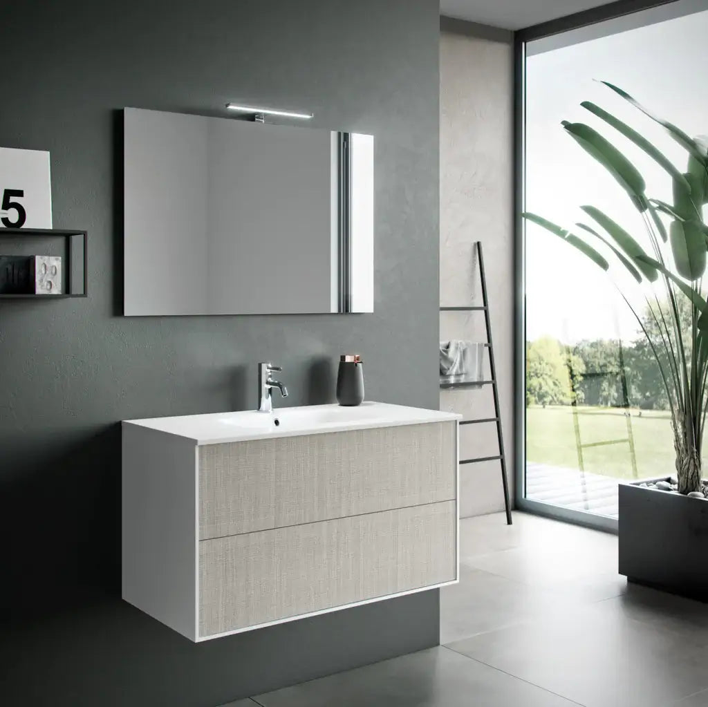 Composizione Mobile Bagno 100cm Sospeso Due Cassetti e Specchio Con Lampada - Yuta