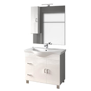 Mobile Bagno 100cm a Terra Con Due Ante Due Cassetti, Specchio con Pensile e Lampada - Bianco Opaco