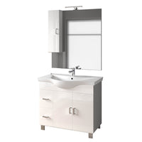 Mobile Bagno 100cm a Terra Con Due Ante Due Cassetti, Specchio con Pensile e Lampada - Bianco Opaco