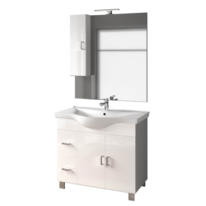 Mobile Bagno 100cm a Terra Con Due Ante Due Cassetti, Specchio con Pensile e Lampada - Bianco Opaco