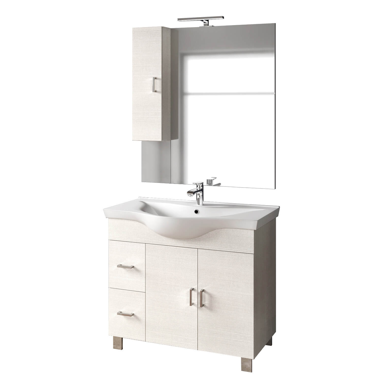 Mobile Bagno 100cm a Terra Con Due Ante Due Cassetti, Specchio con Pensile e Lampada - Bianco Laccato Lucido