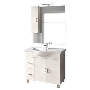 Mobile Bagno 100cm a Terra Con Due Ante Due Cassetti, Specchio con Pensile e Lampada - Bianco Laccato Lucido