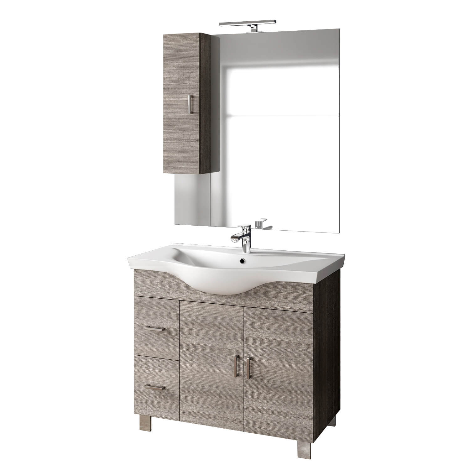 Mobile Bagno 100cm a Terra Con Due Ante Due Cassetti, Specchio con Pensile e Lampada - Grigio Londra