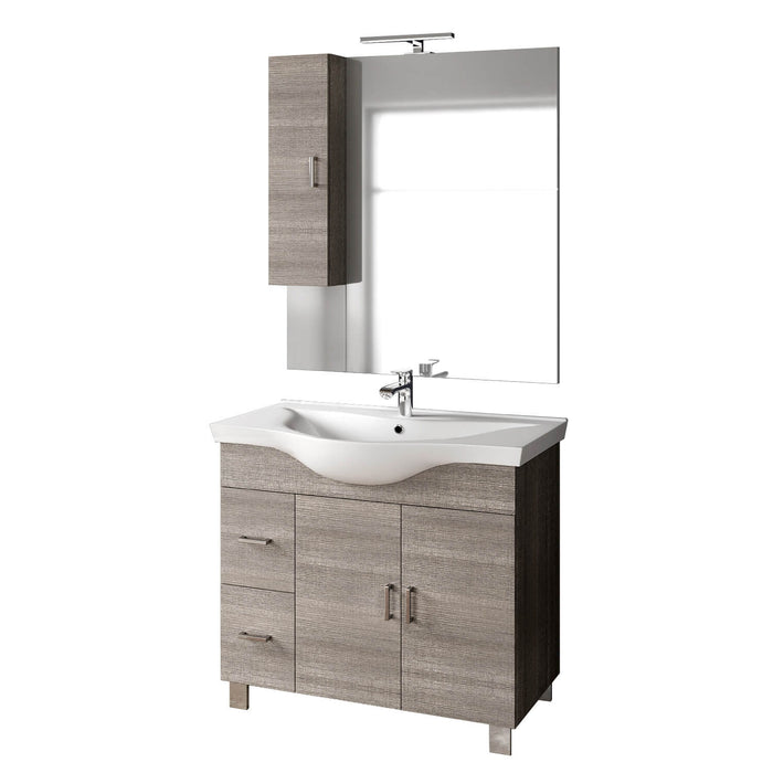 Mobile Bagno 100cm a Terra Con Due Ante Due Cassetti, Specchio con Pensile e Lampada - Grigio Londra